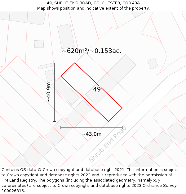 49, SHRUB END ROAD, COLCHESTER, CO3 4RA: Plot and title map