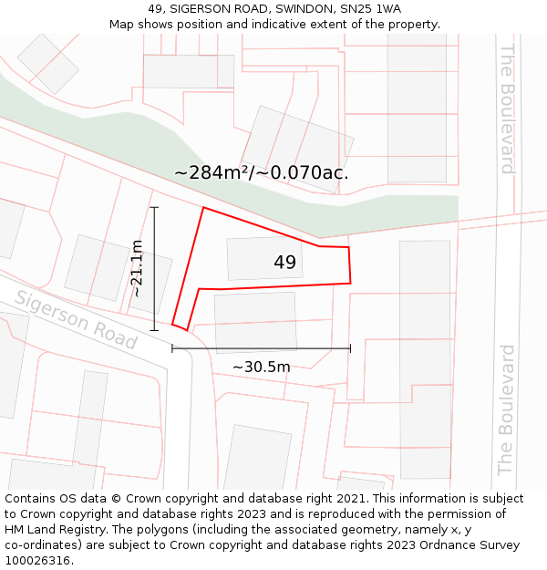 49, SIGERSON ROAD, SWINDON, SN25 1WA: Plot and title map