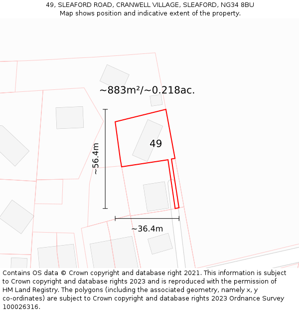 49, SLEAFORD ROAD, CRANWELL VILLAGE, SLEAFORD, NG34 8BU: Plot and title map