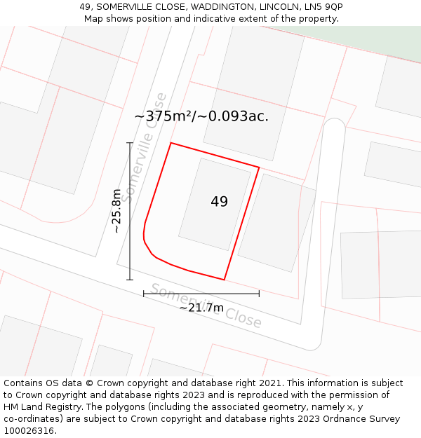 49, SOMERVILLE CLOSE, WADDINGTON, LINCOLN, LN5 9QP: Plot and title map