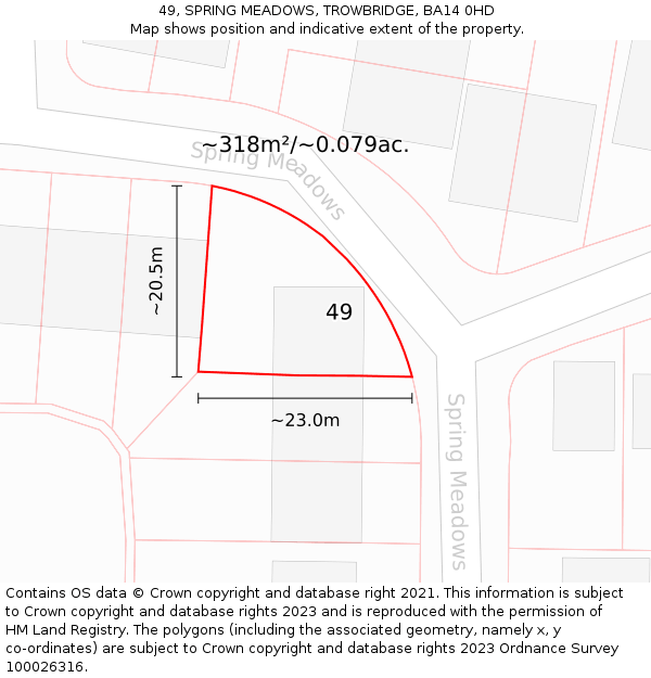 49, SPRING MEADOWS, TROWBRIDGE, BA14 0HD: Plot and title map
