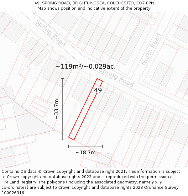 49, SPRING ROAD, BRIGHTLINGSEA, COLCHESTER, CO7 0PN: Plot and title map