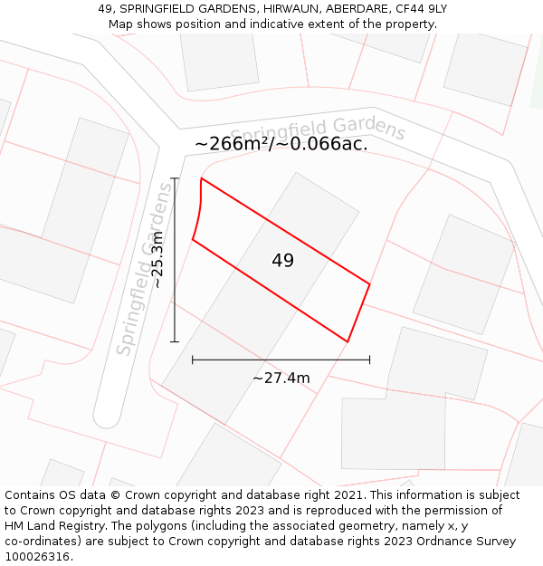 49, SPRINGFIELD GARDENS, HIRWAUN, ABERDARE, CF44 9LY: Plot and title map