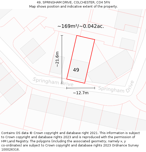 49, SPRINGHAM DRIVE, COLCHESTER, CO4 5FN: Plot and title map