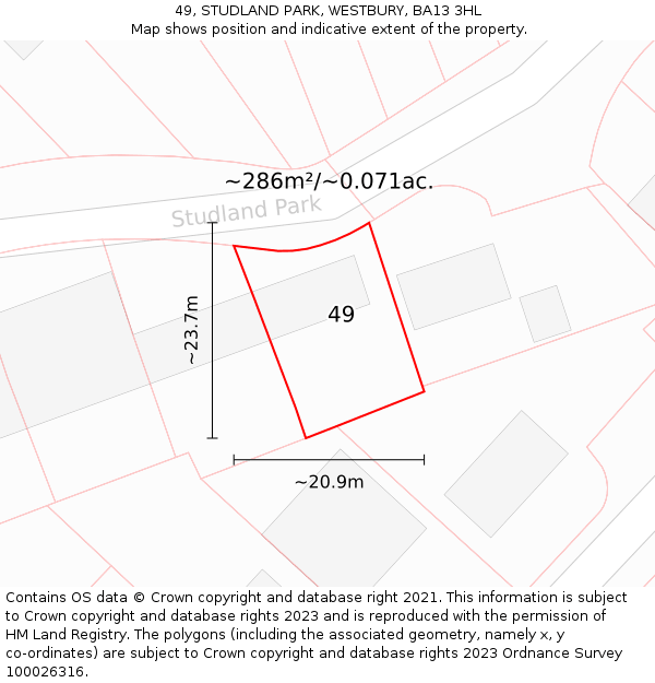49, STUDLAND PARK, WESTBURY, BA13 3HL: Plot and title map
