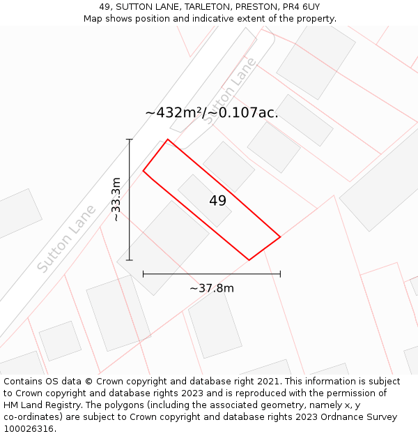 49, SUTTON LANE, TARLETON, PRESTON, PR4 6UY: Plot and title map