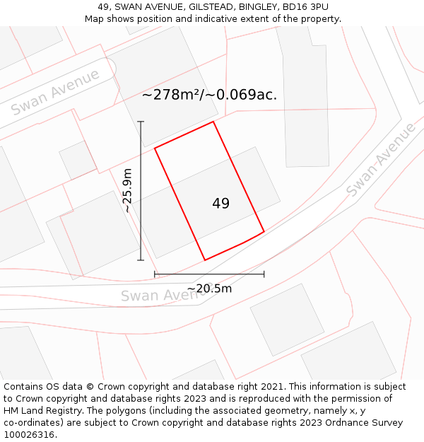 49, SWAN AVENUE, GILSTEAD, BINGLEY, BD16 3PU: Plot and title map