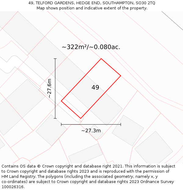 49, TELFORD GARDENS, HEDGE END, SOUTHAMPTON, SO30 2TQ: Plot and title map