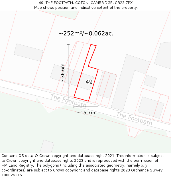 49, THE FOOTPATH, COTON, CAMBRIDGE, CB23 7PX: Plot and title map
