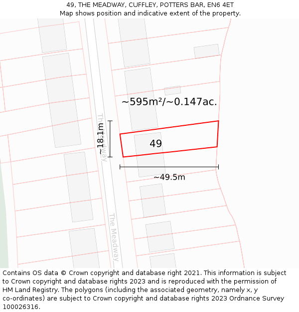 49, THE MEADWAY, CUFFLEY, POTTERS BAR, EN6 4ET: Plot and title map