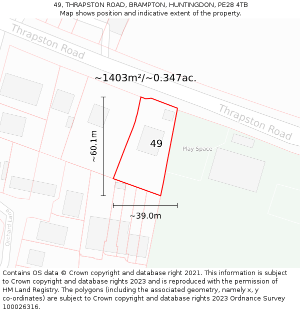 49, THRAPSTON ROAD, BRAMPTON, HUNTINGDON, PE28 4TB: Plot and title map