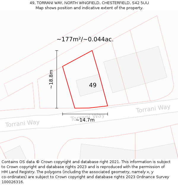 49, TORRANI WAY, NORTH WINGFIELD, CHESTERFIELD, S42 5UU: Plot and title map