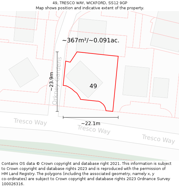 49, TRESCO WAY, WICKFORD, SS12 9GP: Plot and title map
