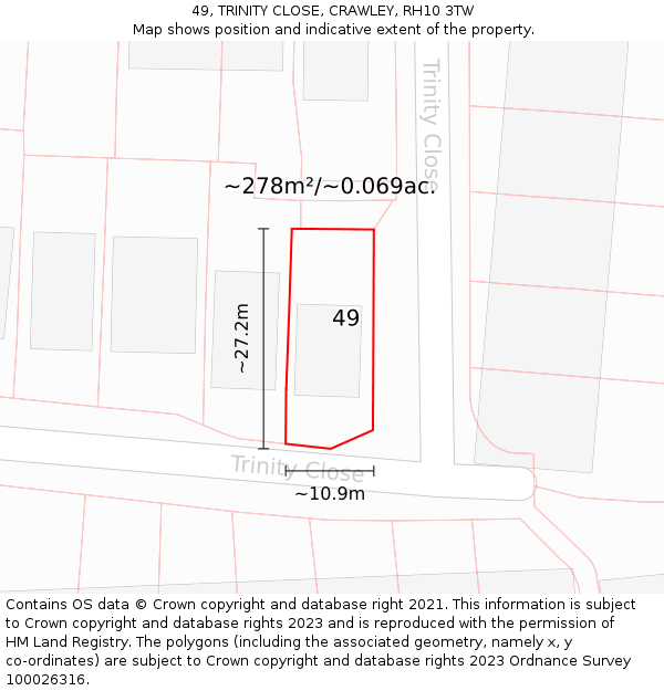 49, TRINITY CLOSE, CRAWLEY, RH10 3TW: Plot and title map