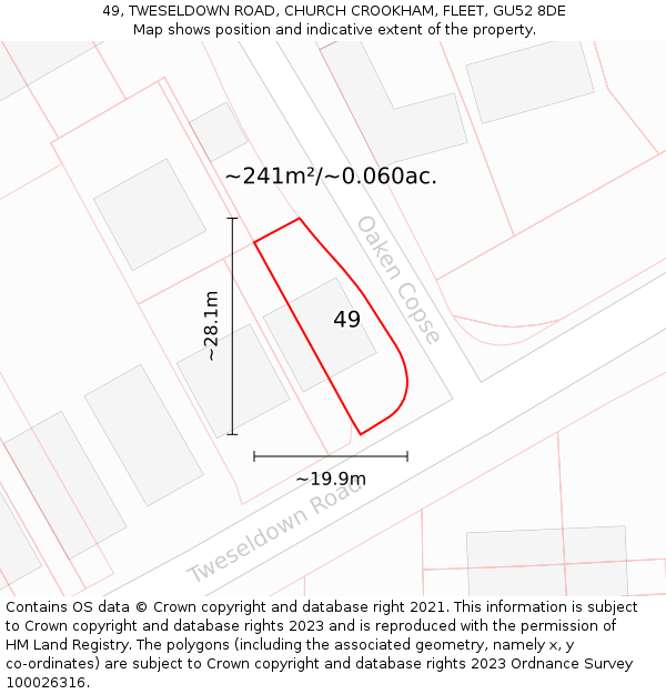 49, TWESELDOWN ROAD, CHURCH CROOKHAM, FLEET, GU52 8DE: Plot and title map
