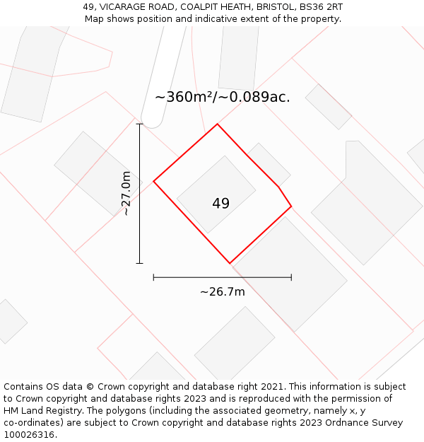 49, VICARAGE ROAD, COALPIT HEATH, BRISTOL, BS36 2RT: Plot and title map