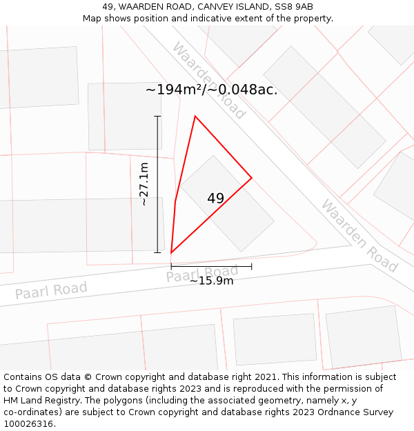 49, WAARDEN ROAD, CANVEY ISLAND, SS8 9AB: Plot and title map