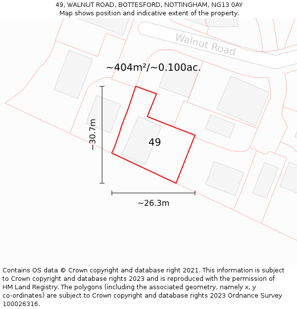 49, WALNUT ROAD, BOTTESFORD, NOTTINGHAM, NG13 0AY: Plot and title map