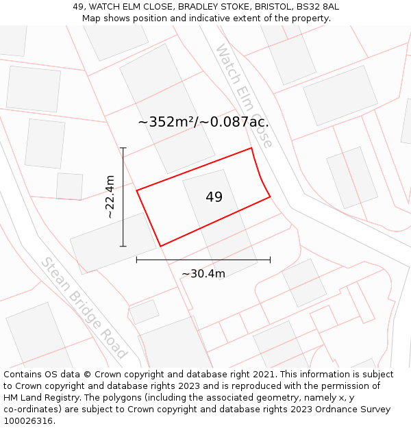 49, WATCH ELM CLOSE, BRADLEY STOKE, BRISTOL, BS32 8AL: Plot and title map
