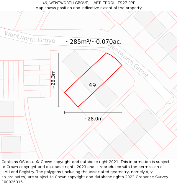 49, WENTWORTH GROVE, HARTLEPOOL, TS27 3PP: Plot and title map