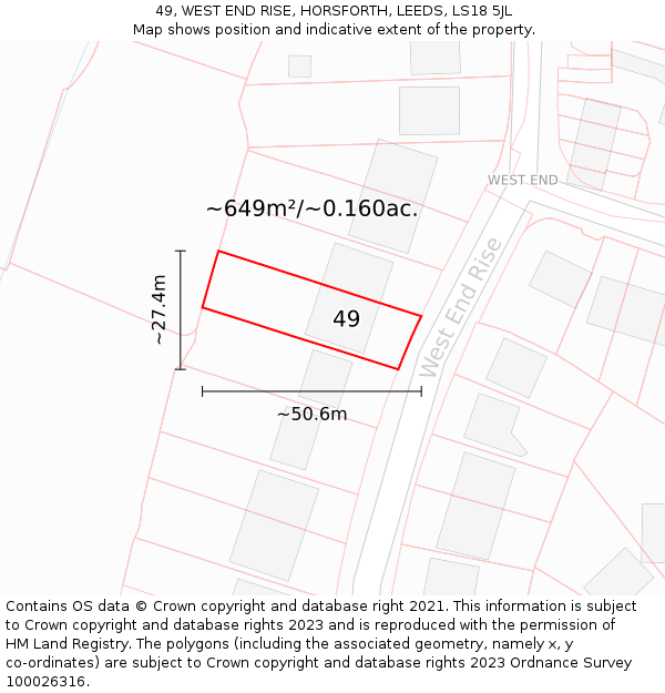 49, WEST END RISE, HORSFORTH, LEEDS, LS18 5JL: Plot and title map