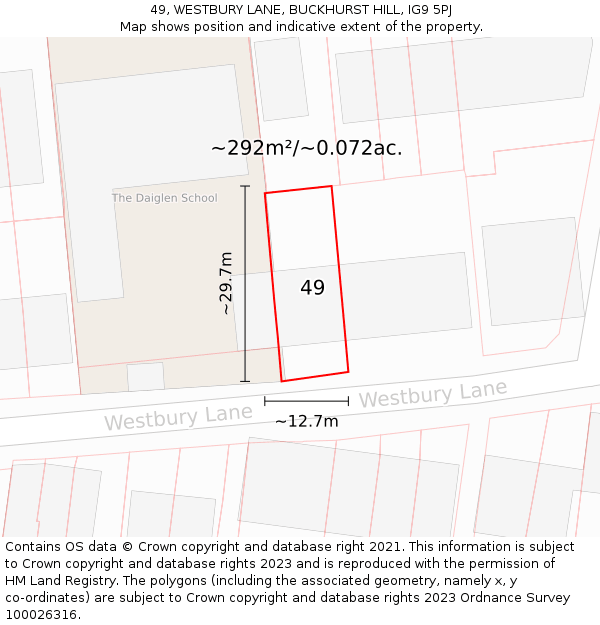 49, WESTBURY LANE, BUCKHURST HILL, IG9 5PJ: Plot and title map