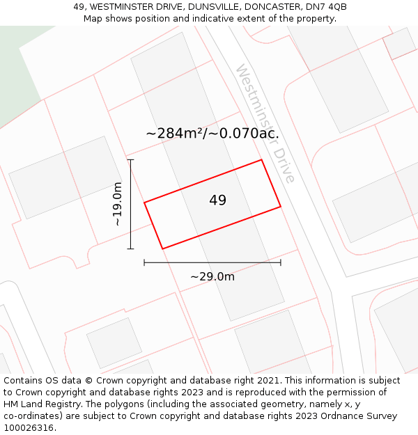 49, WESTMINSTER DRIVE, DUNSVILLE, DONCASTER, DN7 4QB: Plot and title map
