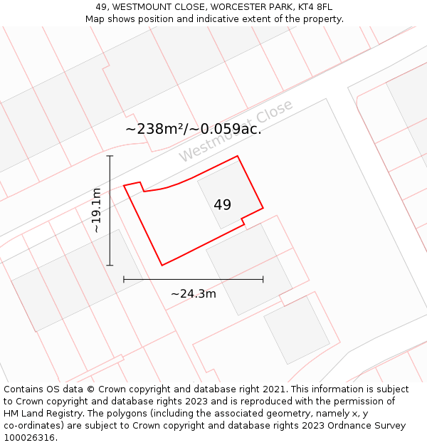 49, WESTMOUNT CLOSE, WORCESTER PARK, KT4 8FL: Plot and title map