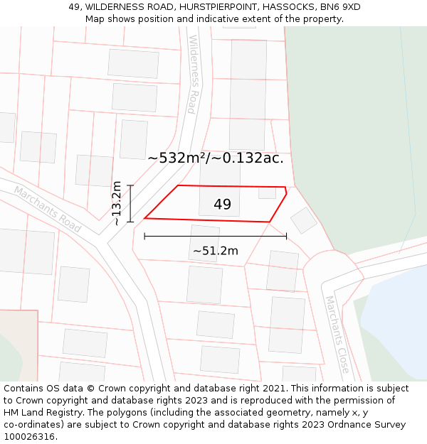 49, WILDERNESS ROAD, HURSTPIERPOINT, HASSOCKS, BN6 9XD: Plot and title map