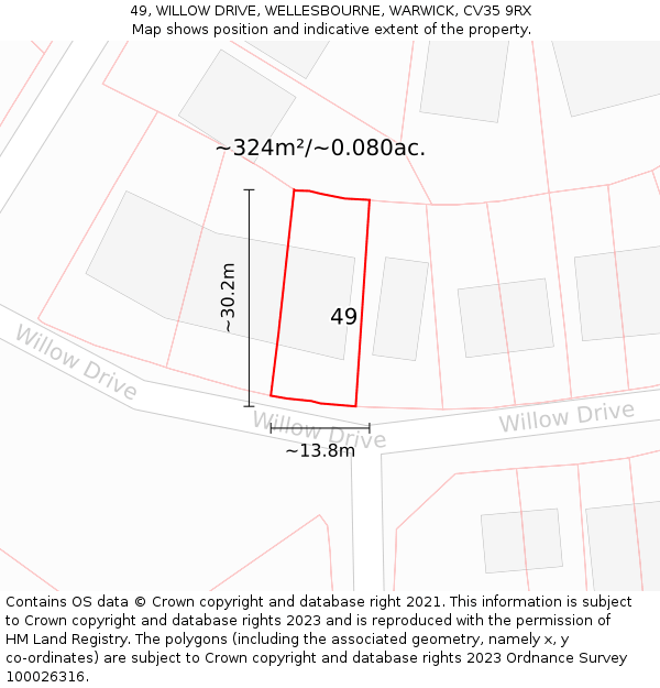 49, WILLOW DRIVE, WELLESBOURNE, WARWICK, CV35 9RX: Plot and title map