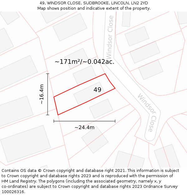 49, WINDSOR CLOSE, SUDBROOKE, LINCOLN, LN2 2YD: Plot and title map
