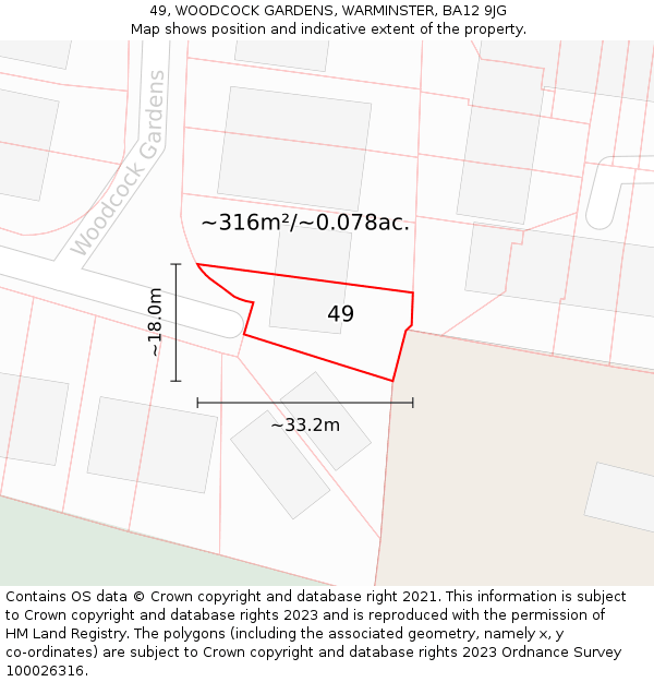 49, WOODCOCK GARDENS, WARMINSTER, BA12 9JG: Plot and title map