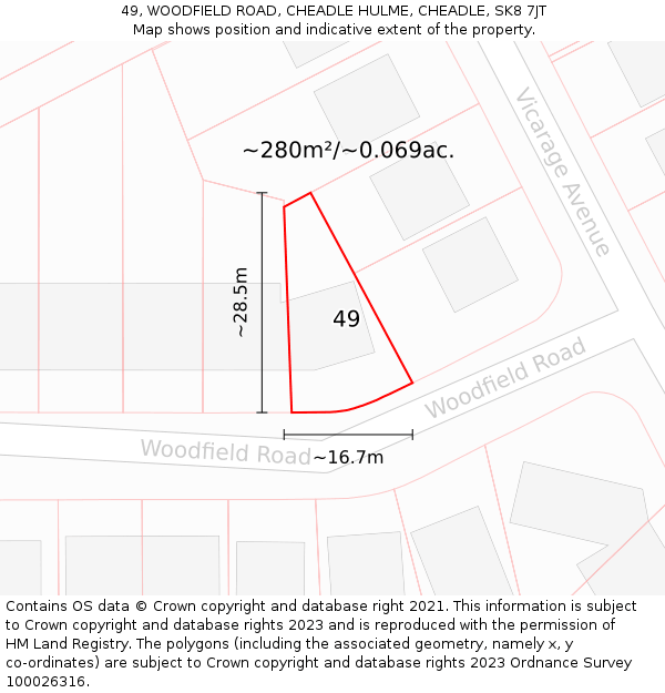 49, WOODFIELD ROAD, CHEADLE HULME, CHEADLE, SK8 7JT: Plot and title map