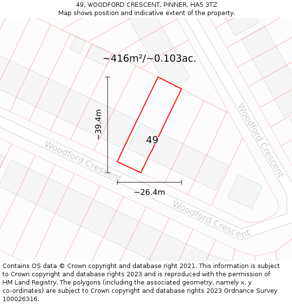 49, WOODFORD CRESCENT, PINNER, HA5 3TZ: Plot and title map