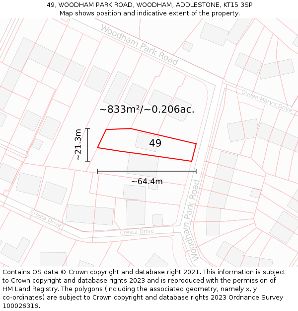 49, WOODHAM PARK ROAD, WOODHAM, ADDLESTONE, KT15 3SP: Plot and title map