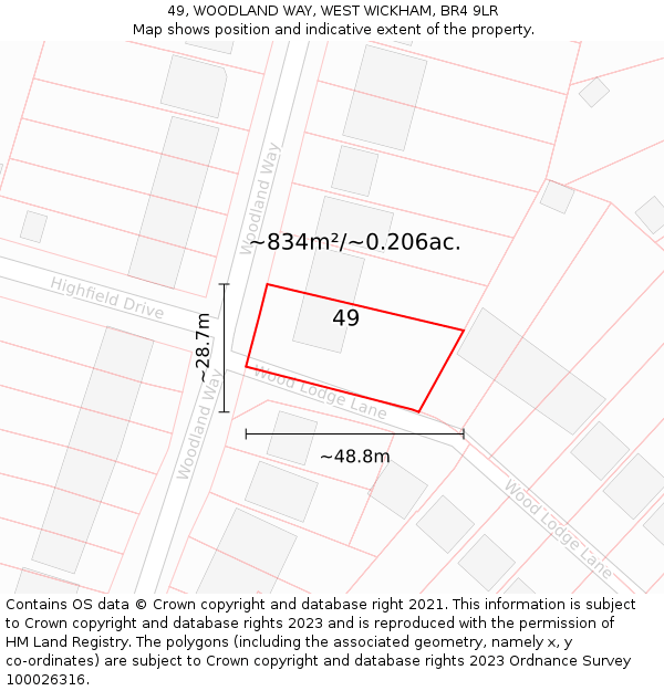 49, WOODLAND WAY, WEST WICKHAM, BR4 9LR: Plot and title map