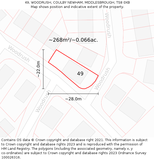 49, WOODRUSH, COULBY NEWHAM, MIDDLESBROUGH, TS8 0XB: Plot and title map