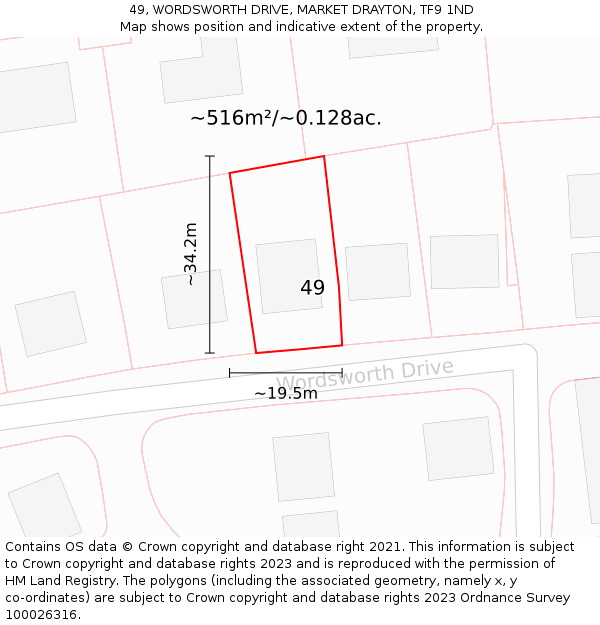 49, WORDSWORTH DRIVE, MARKET DRAYTON, TF9 1ND: Plot and title map