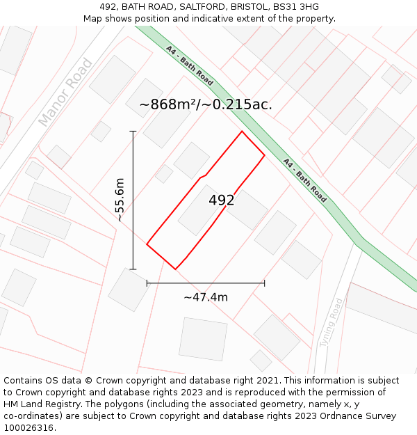 492, BATH ROAD, SALTFORD, BRISTOL, BS31 3HG: Plot and title map