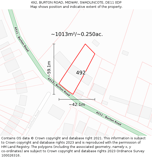 492, BURTON ROAD, MIDWAY, SWADLINCOTE, DE11 0DP: Plot and title map