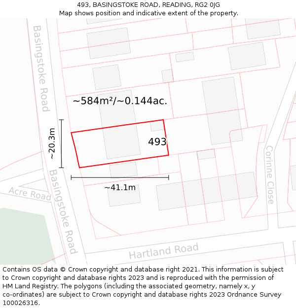 493, BASINGSTOKE ROAD, READING, RG2 0JG: Plot and title map