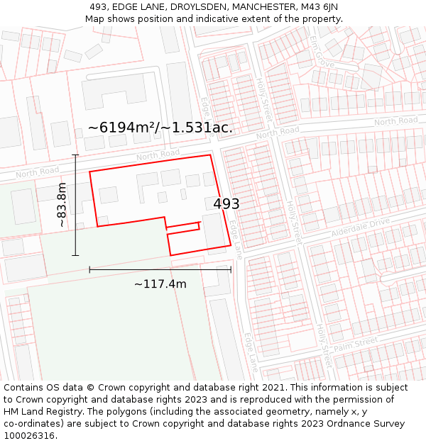 493, EDGE LANE, DROYLSDEN, MANCHESTER, M43 6JN: Plot and title map