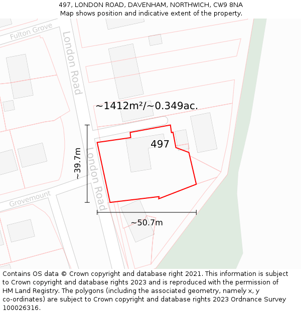 497, LONDON ROAD, DAVENHAM, NORTHWICH, CW9 8NA: Plot and title map