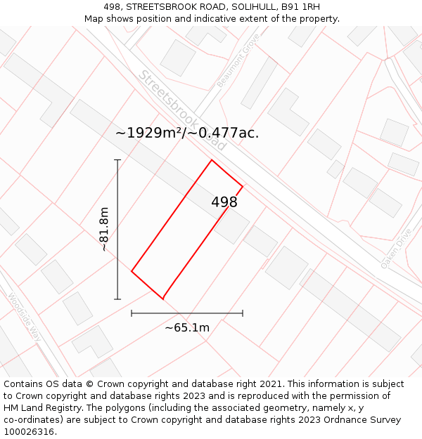 498, STREETSBROOK ROAD, SOLIHULL, B91 1RH: Plot and title map
