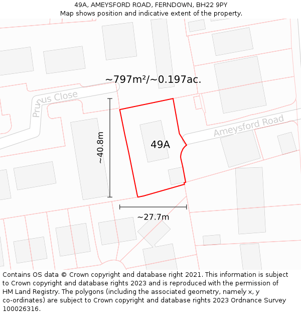 49A, AMEYSFORD ROAD, FERNDOWN, BH22 9PY: Plot and title map