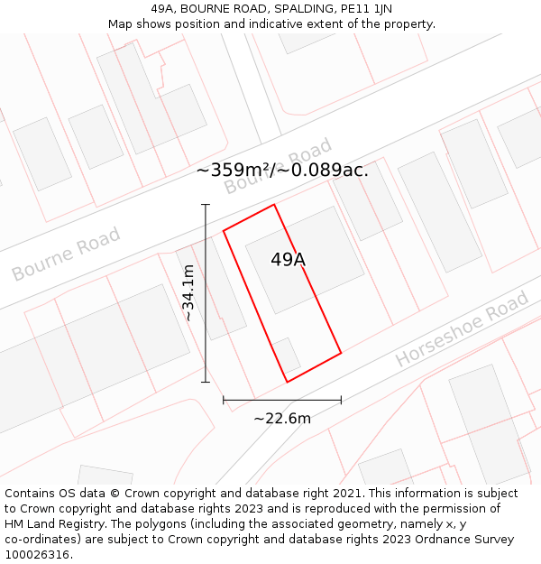 49A, BOURNE ROAD, SPALDING, PE11 1JN: Plot and title map