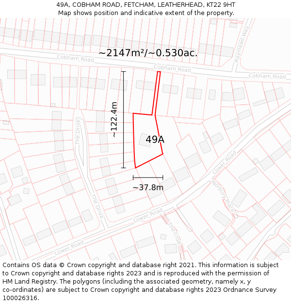 49A, COBHAM ROAD, FETCHAM, LEATHERHEAD, KT22 9HT: Plot and title map