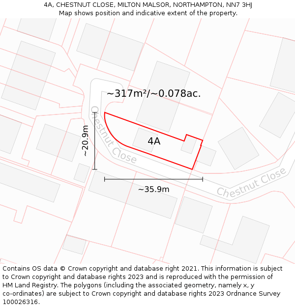 4A, CHESTNUT CLOSE, MILTON MALSOR, NORTHAMPTON, NN7 3HJ: Plot and title map