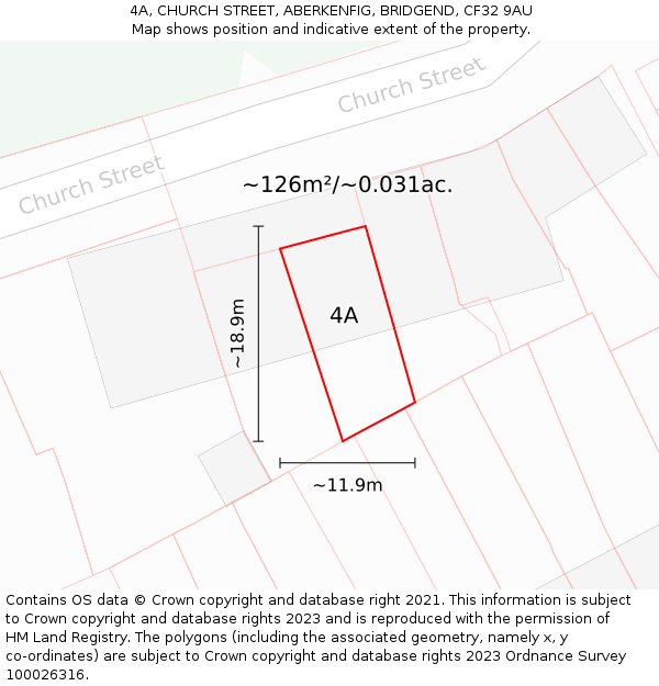 4A, CHURCH STREET, ABERKENFIG, BRIDGEND, CF32 9AU: Plot and title map