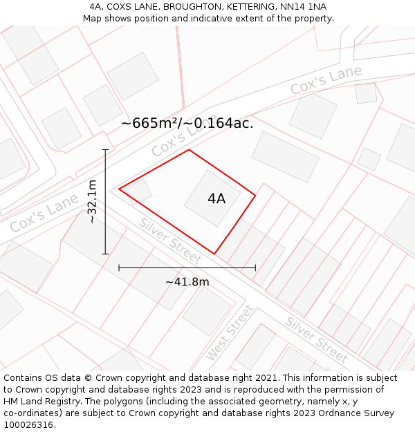 4A, COXS LANE, BROUGHTON, KETTERING, NN14 1NA: Plot and title map
